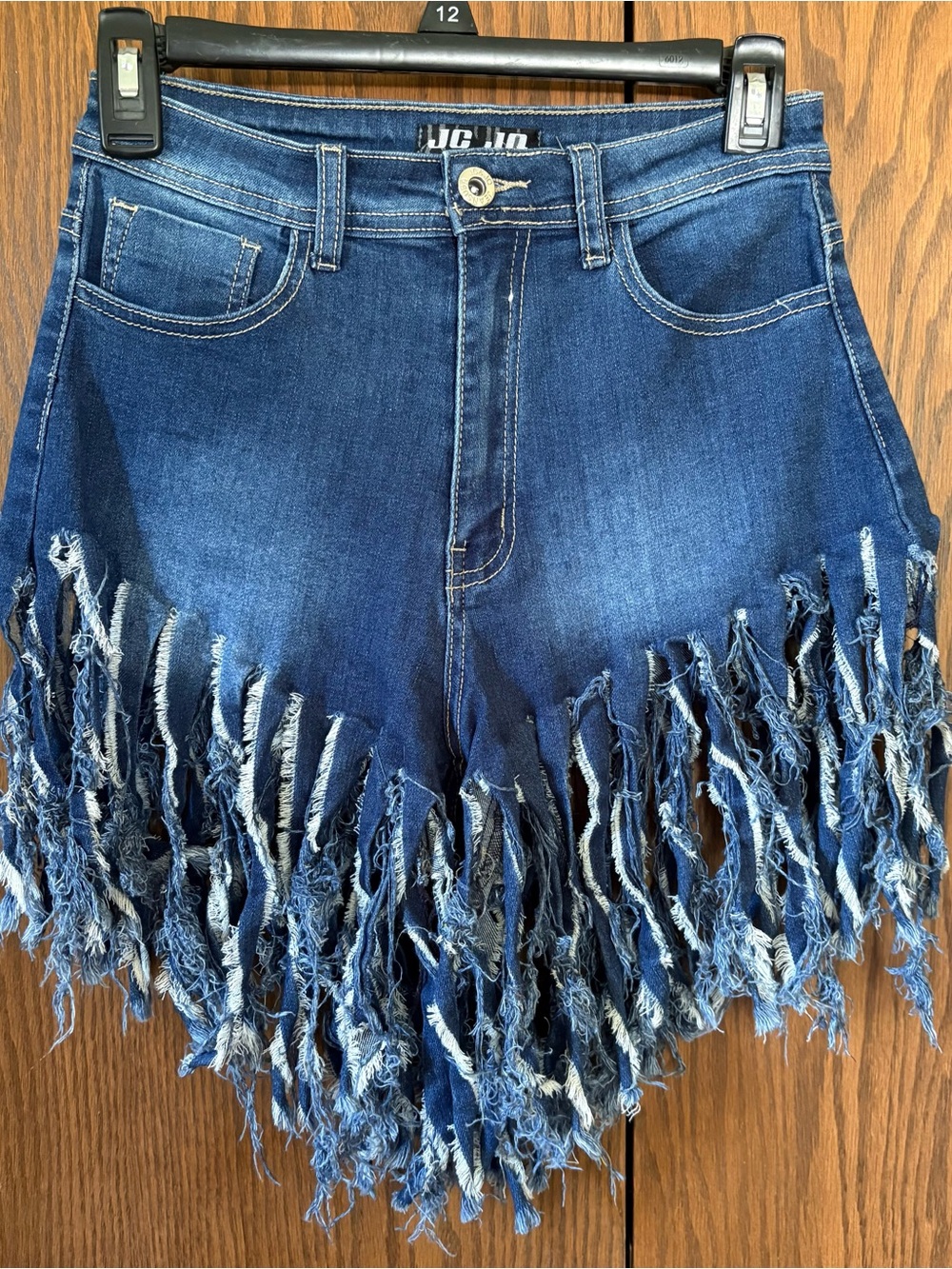 Fringed High-Waist Denim Shorts - Dark Blue